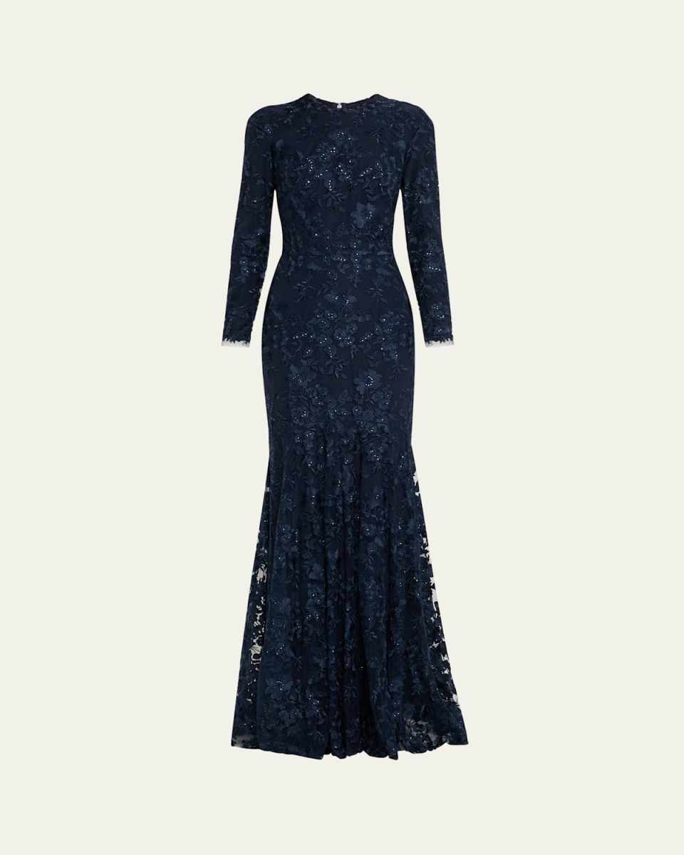Floral Embroidered Tulle Long Sleeve Gown